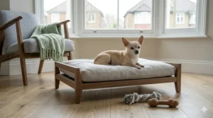 A Chihuahua sitting on a plush cream thermal cushion bed with a minimalist oak wood base, providing extra warmth.