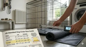 Diagram showing how the chew proof bed fits into standard UK dog crate sizes.