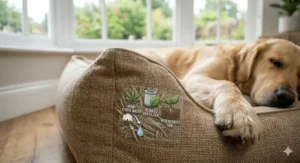An infographic showing the low water usage of hemp compared to cotton for an eco-conscious UK pet owner.