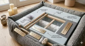 Exploded view diagram showing the sustainably sourced oak wood frame and eco-friendly textiles of a Scandi dog bed.