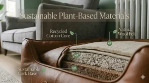 Detailed cross-section showing sustainable plant-based materials, including a cork base and natural wool felt.