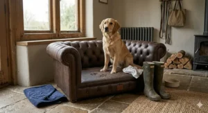 Durable dark brown faux-leather Chesterfield dog sofa, with a damp golden retriever and muddy paws on the removable cushion, located in a British mudroom with wellington boots.