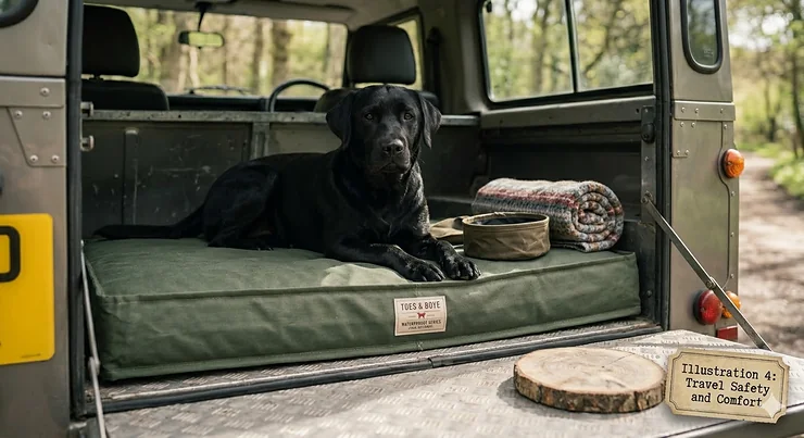 A dog resting on a comfortable dog crate mattress in the boot of a car, illustrating travel safety and comfort for UK road trips. dog crate mattress