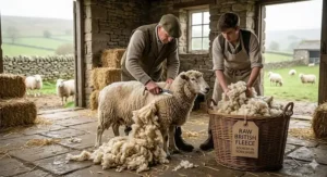 An illustration of a Yorkshire farmer and apprentice harvesting raw British wool fleece to be used for sustainable dog bed filling.