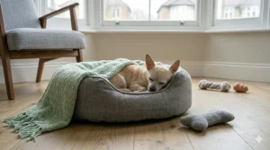 A Chihuahua asleep in a practical grey marl bed with a soft green knitted throw blanket on a wooden floor.