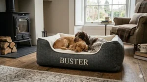 Removable and machine-washable cover for a personalised dog bed in a navy blue fabric.