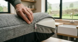 A detailed close-up of a hand unzipping the durable, machine-washable grey tweed cover of a portable dog bed to reveal the inner foam core in a clean utility room.