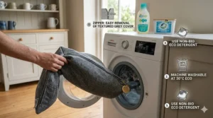 An illustration showing the removable cover of the recycled plastic dog bed being placed in a washing machine.
