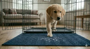 Water being poured from a glass jug onto a navy blue non slip crate mat, demonstrating the water-resistant surface and beading effect.