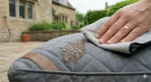 Water droplets beading on the surface of a water-resistant quilted dog mattress being wiped clean with a microfibre cloth.