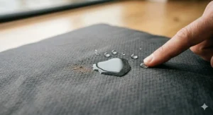An extreme close-up of the dark grey, diamond-patterned waterproof ripstop nylon base of a portable dog bed, showing water droplets beading on the surface.