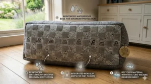 Illustration of the non-slip, waterproof base of the bed, ideal for UK homes with tiled or wooden floors.
