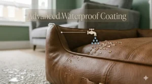 Close-up showing water droplets beading on the surface of an advanced waterproof coated vegan leather dog bed.