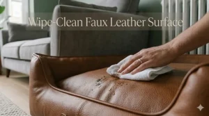 A person using a damp white cloth to easily wipe a spill off a waterproof vegan leather dog bed.