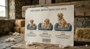 A British wool dog bed size guide showing small, medium, and large options with recommended breeds like Terriers and Labradors.