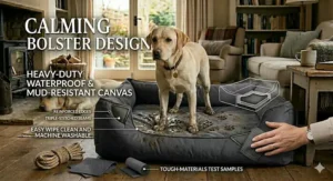 A comparison of durable canvas material samples for a high-value and affordable Labrador dog bed.