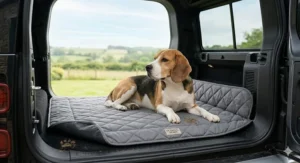 A non-slip, padded travel mat fitted into the boot of a car, ensuring a Beagle's comfort during long drives.