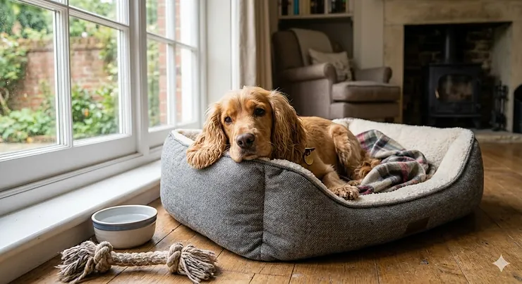 A golden Cocker Spaniel resting its head on the bolstered edge of a premium herring-bone pattern dog bed in a British living room with a stone fireplace. cocker spaniel beds