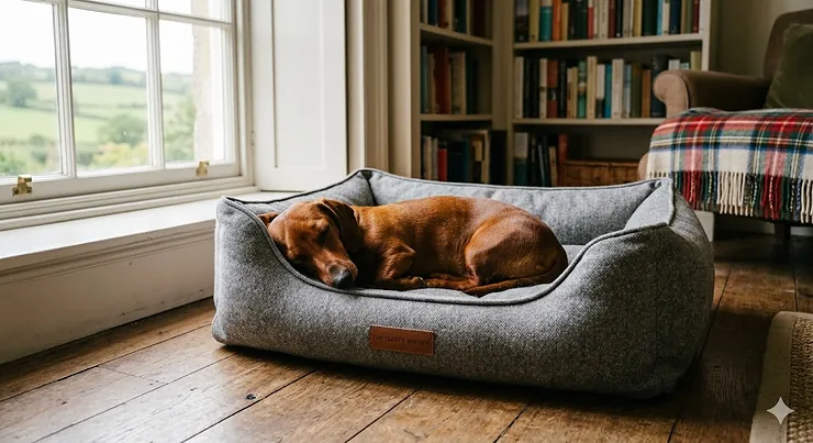 A dapple dachshund sleeping comfortably in a textured grey orthopaedic dog bed on a rustic wooden floor in a high-quality British home setting with natural light. best dachshund beds