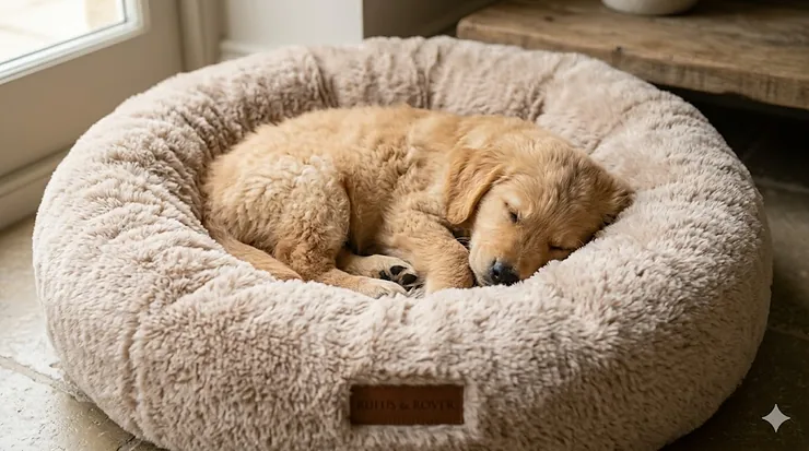 A large Golden Retriever resting its head on a premium oatmeal-woven bolster bed in a British home with Cotswold stone garden views. golden retriever beds