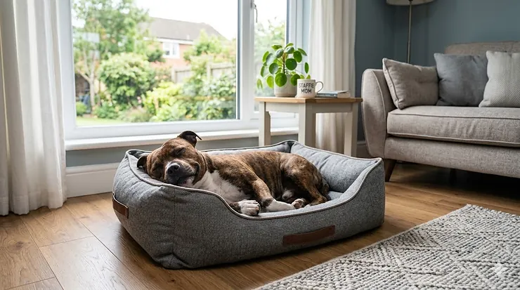 A cozy Staffordshire Bull Terrier curled up in a high-quality, durable orthopaedic dog bed in a modern British living room. best staffie beds