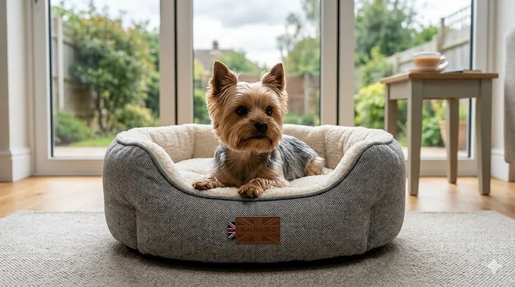 A Yorkshire Terrier resting comfortably in a grey herringbone and cream fleece dog bed, featuring a small Union Jack detail, set against a bright UK garden view. best yorkie beds