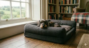 A wire-haired dachshund resting its head on the raised edge of a dark grey tweed bolster bed for neck and back support in a cottage setting.