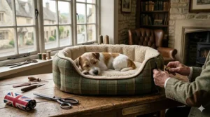An artisan-crafted green tweed dog bed for a Jack Russell, shown in a British workshop with traditional tailoring tools.