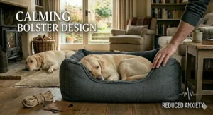 A grey herringbone calming bolster bed with raised edges designed to help reduce anxiety for a Labrador.