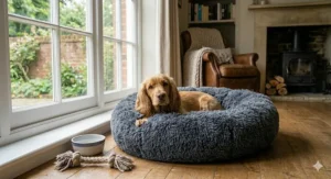 A golden-haired Cocker Spaniel sitting comfortably in a plush, charcoal grey calming donut bed on a wooden floor.