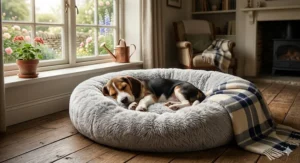 A Beagle puppy curled up in a grey, plush calming donut bed designed to reduce anxiety and provide warmth.