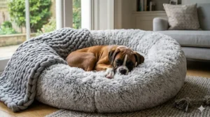 A Boxer puppy nested comfortably inside a large, soft grey calming donut bed in a sunlit British home.