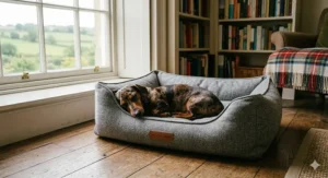 A dapple dachshund curled up deep inside a plush grey calming donut bed, designed to support the burrowing instinct in a cosy UK living room.