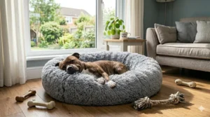 A plush, grey donut-shaped calming bed, popular for Staffies who suffer from separation anxiety.