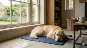 A Golden Retriever puppy curled up and sleeping deeply in a plush, beige faux-fur calming donut bed on a stone floor.