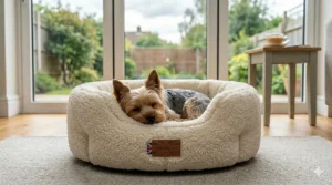 A plush, high-walled calming doughnut bed in cream fleece, designed to reduce anxiety and provide a sense of security for small dogs.