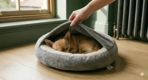 Alt text for image 9: A hooded heated bed for Chihuahuas designed to provide warmth and reduce anxiety for nervous pets in a British home.