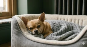 Alt text for image 5: A Chihuahua puppy snuggling under a grey cable-knit heated pet blanket during a cold British winter.