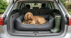 A young Cocker Spaniel sitting in a secure, padded travel bed in a car boot, showcasing a cosy and safe starter bed environment.