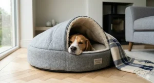 A Beagle burrowing into a hooded snuggle cave bed with a soft fleece lining for extra warmth during winter.