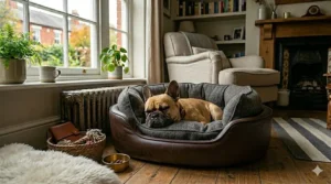 Alt text for image 3: A hooded cave-style bed designed to keep a French Bulldog warm and protected from floor-level draughts.