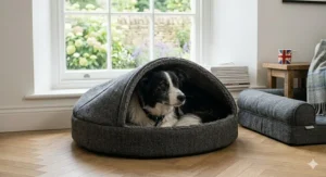 A Border Collie peering out from a hooded grey tweed cave bed, providing a secure den feeling for the dog.
