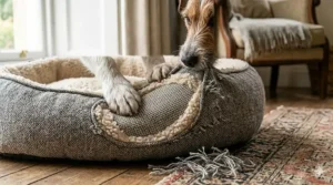 Close-up of a Jack Russell’s paws on a durable, chew-resistant fabric dog bed, highlighting the reinforced stitching and tough material.