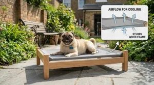 A pug resting on a raised wooden-frame dog bed in a British garden, with an infographic showing airflow for cooling during warmer weather.