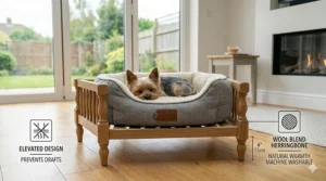 A stylish elevated wooden bed frame for a Yorkshire Terrier, designed to keep the pet's basket away from cold floor-level draughts.