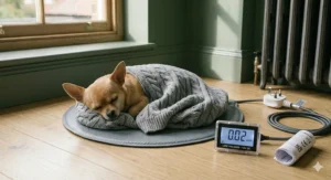 Alt text for image 7: An energy-efficient low-voltage heating pad for pets showing a UK 3-pin plug and a digital energy usage monitor.