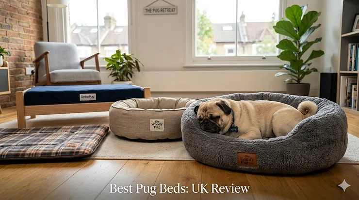 A photorealistic 4K image of a fawn pug sleeping in a grey plush donut bed in a sunlit London living room, surrounded by a variety of orthopedic and raised dog beds. best pug beds