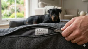 A sizing blueprint for an XL dog bed showing a length of 1400mm, providing a scale comparison for a large Rottweiler.