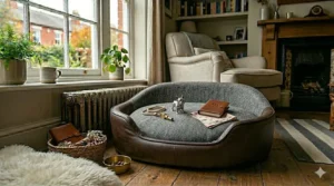 Alt text for image 8: Size guide illustration showing a standard French Bulldog comfortably fitting inside a medium-sized oval dog bed.