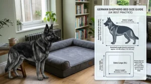Size chart for German Shepherd beds showing an adult GSD's dimensions next to an extra-large rectangular dog bed to ensure a comfortable fit.